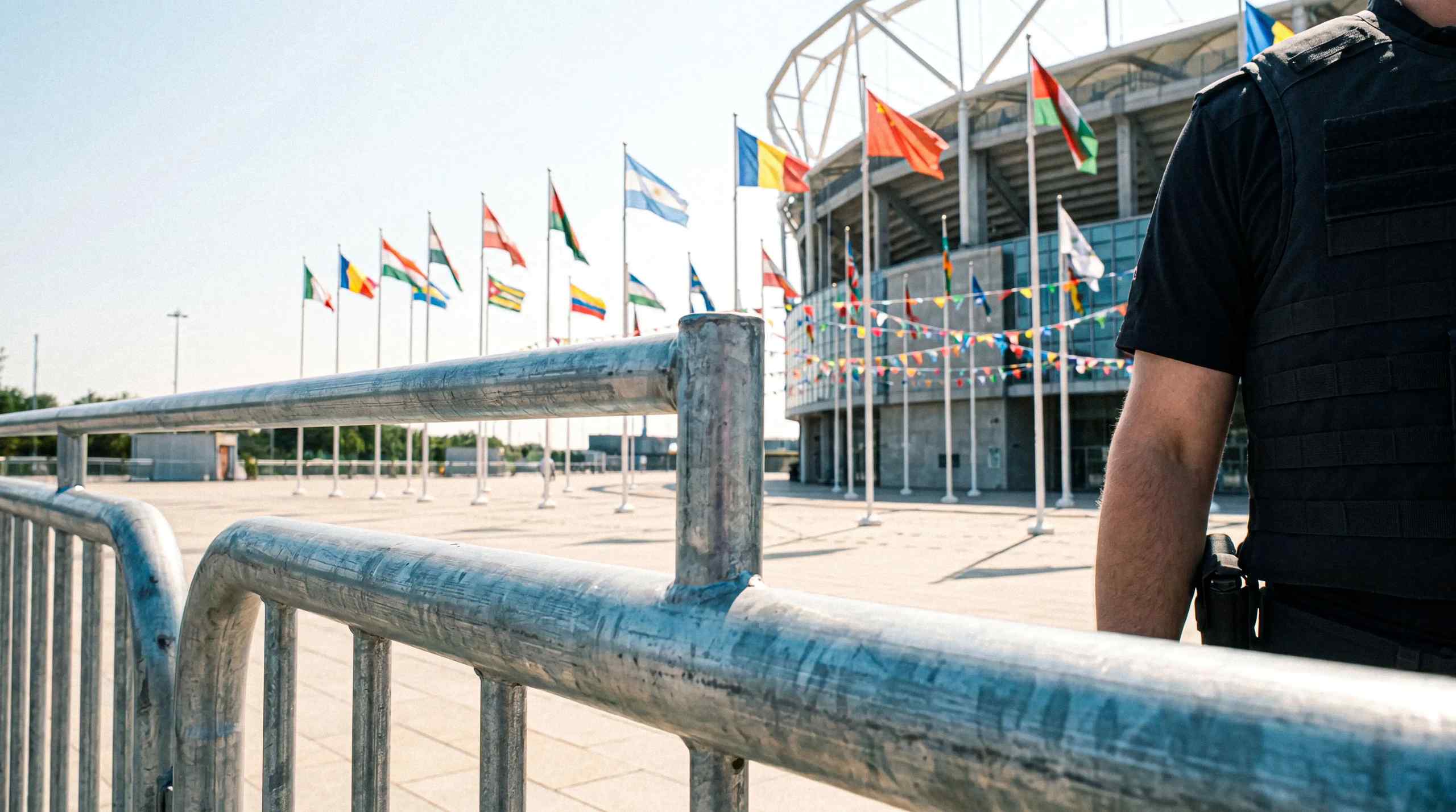 A security officer posted near an international stadium.